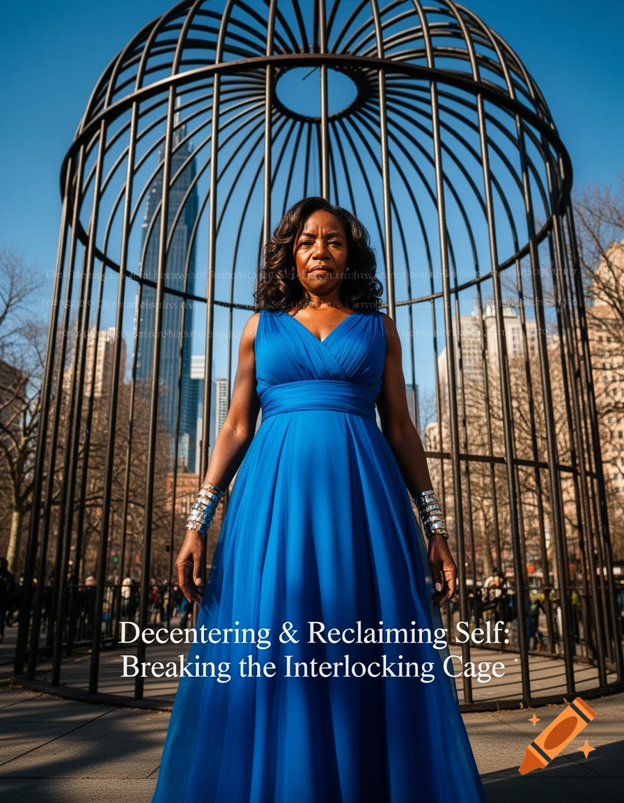 A Black woman in a flowing blue dress stands confidently in front of a large, circular, open black cage-like sculpture, with city buildings in the background. The text 'Decentering & Reclaiming Self: Breaking the Interlocking Cage' is at the bottom of the image.