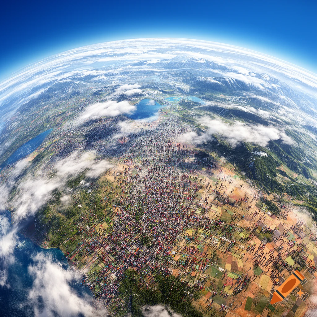 Photorealistic aerial view of the Earth with continents densely covered by countless tiny human figures.
