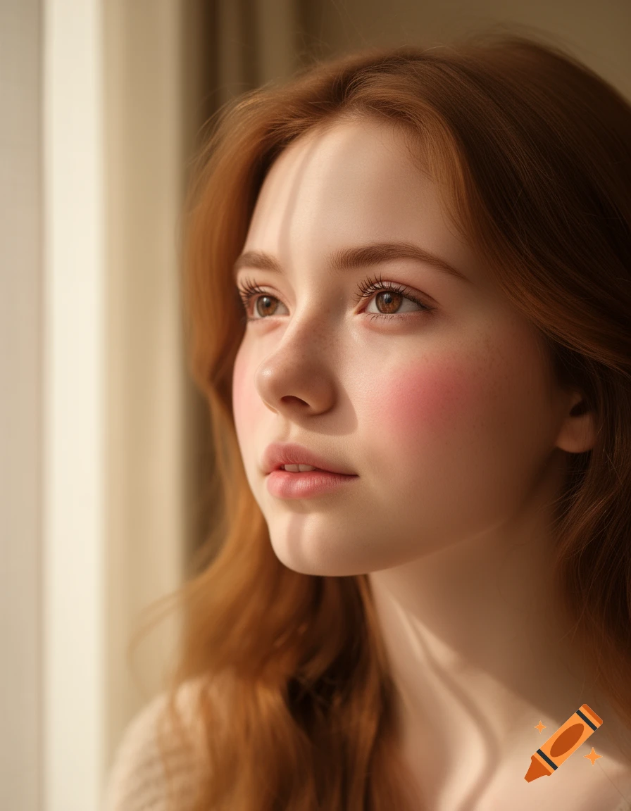 Close-up photorealistic portrait of a young woman with red hair and prominent blush, looking away with sunlight casting shadows.