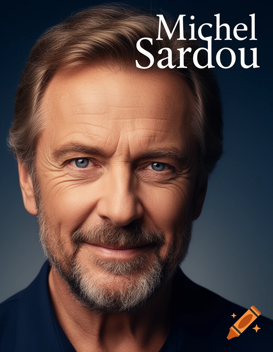 Photorealistic portrait of Michel Sardou, an older man with blue eyes and a beard, smiling subtly.