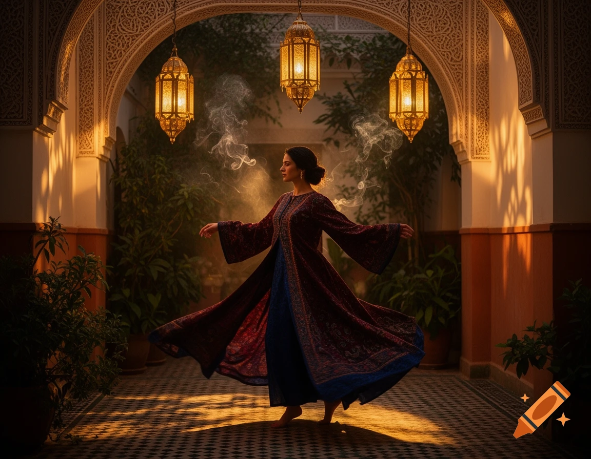 A woman in a flowing dress dances slowly in a dark, candlelit Moroccan courtyard with golden lanterns and soft smoke.