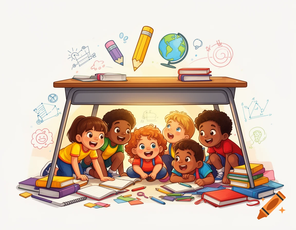 Cheerful diverse cartoon children studying under a school desk surrounded by books and supplies.