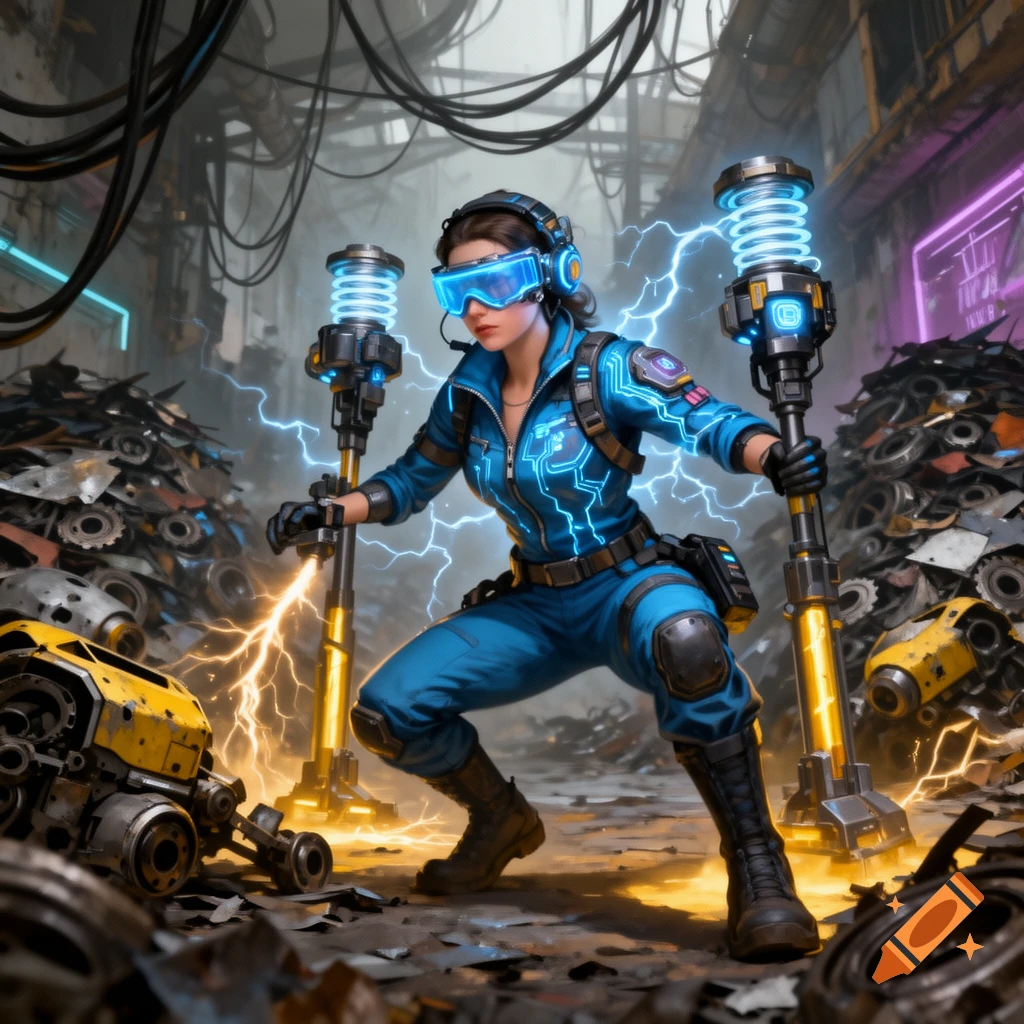 Female character in a glowing blue sci-fi suit, goggles, and headphones, holding electric staffs in a junkyard.