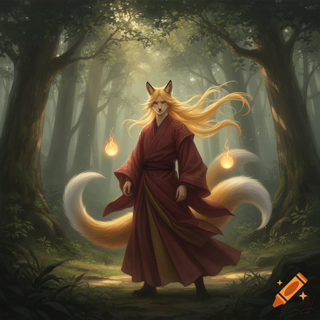 Blonde-haired kitsune male in a red kimono stands in a mystical forest with glowing fire orbs.