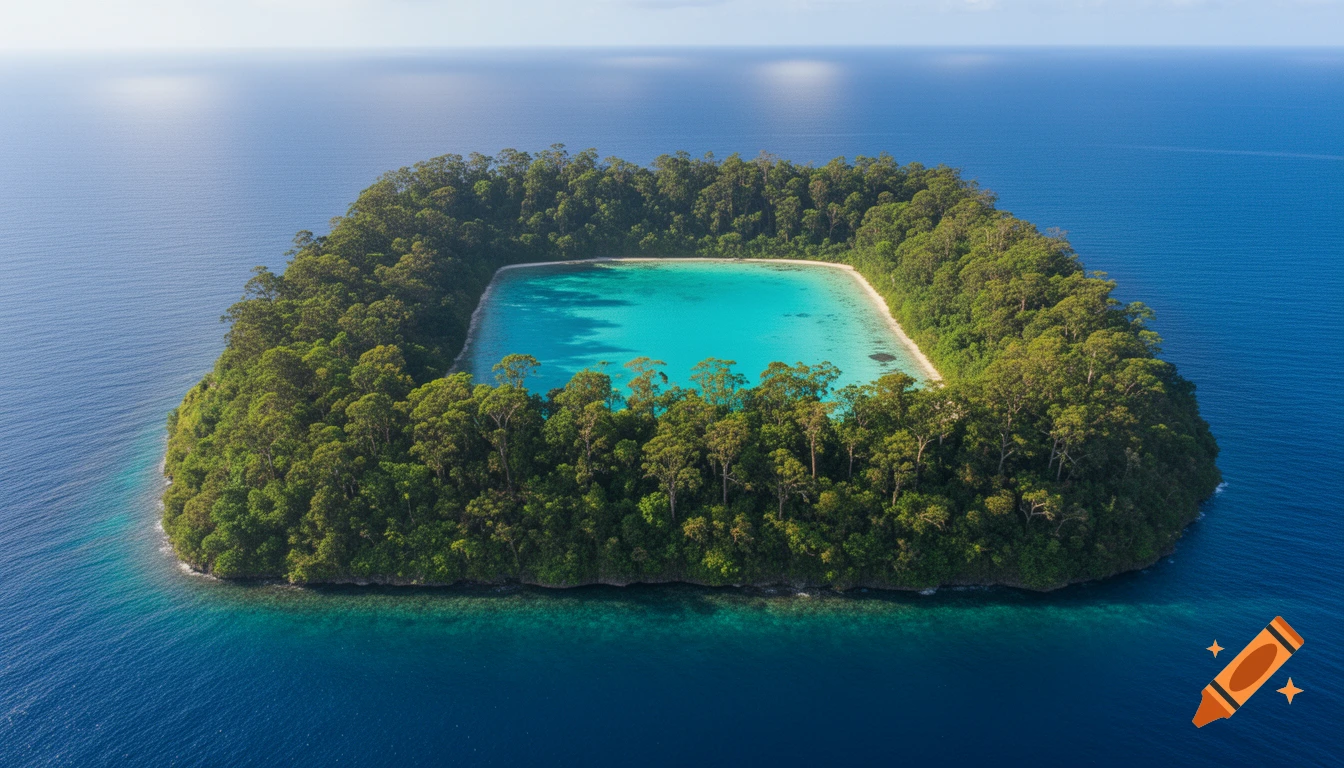 Aerial view of a rectangular, clear blue lagoon surrounded by a lush green forest on a tropical island.