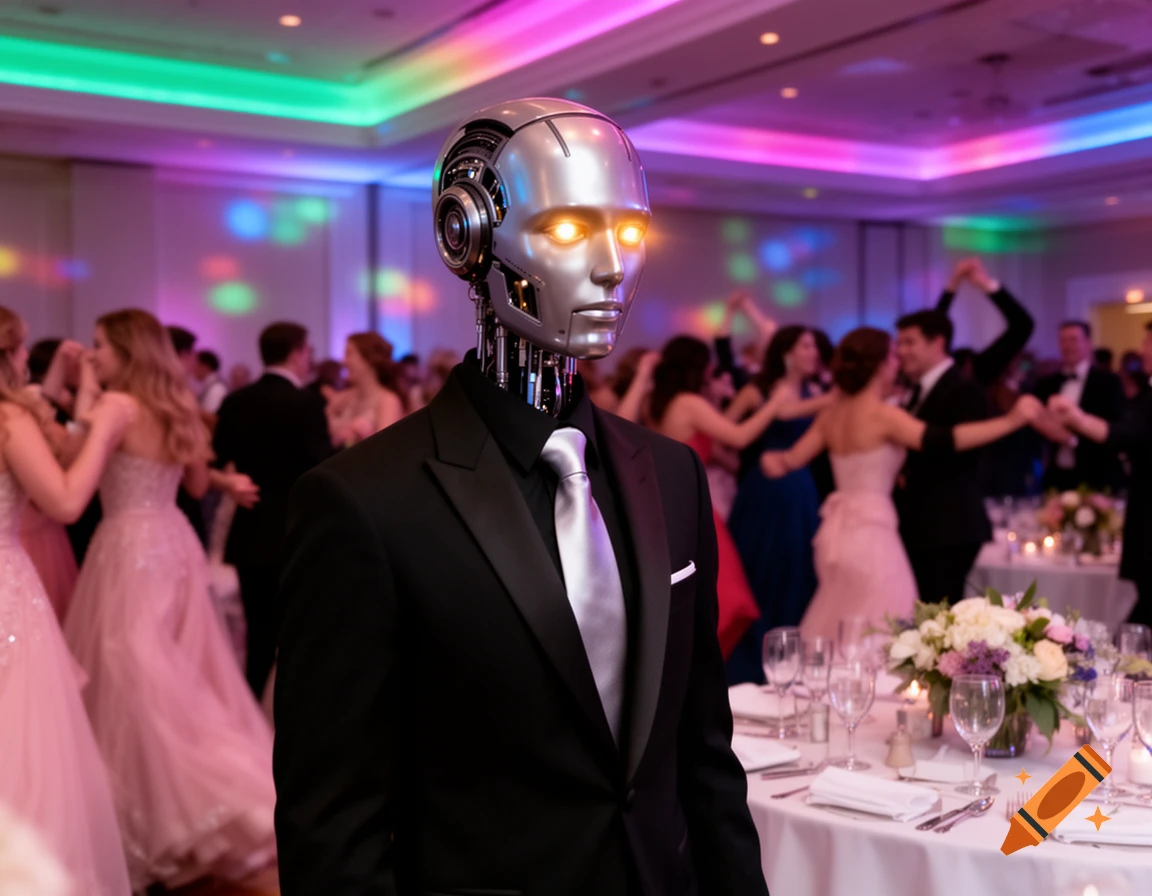 A photorealistic image of a robot in a tuxedo with glowing orange eyes, standing in a brightly lit ballroom with dancing people and tables in the background.