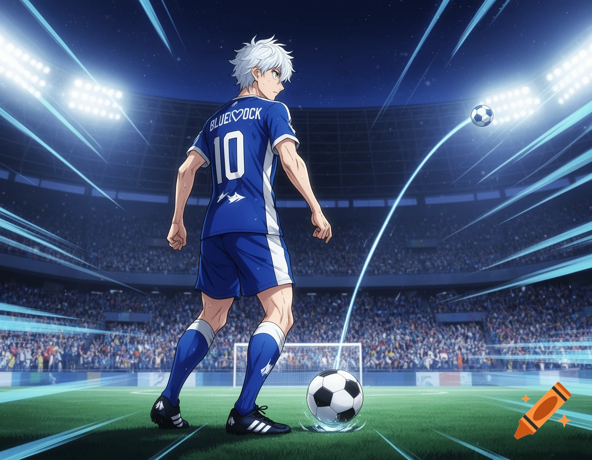 Anime-style male soccer player in a blue jersey with number 10, dribbling a ball on a vibrant stadium field at night.