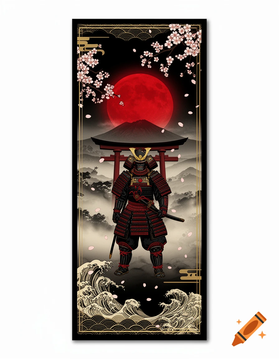 A samurai in black and red armor stands under a red moon, cherry blossoms, and a torii gate, with misty mountains and Japanese waves.