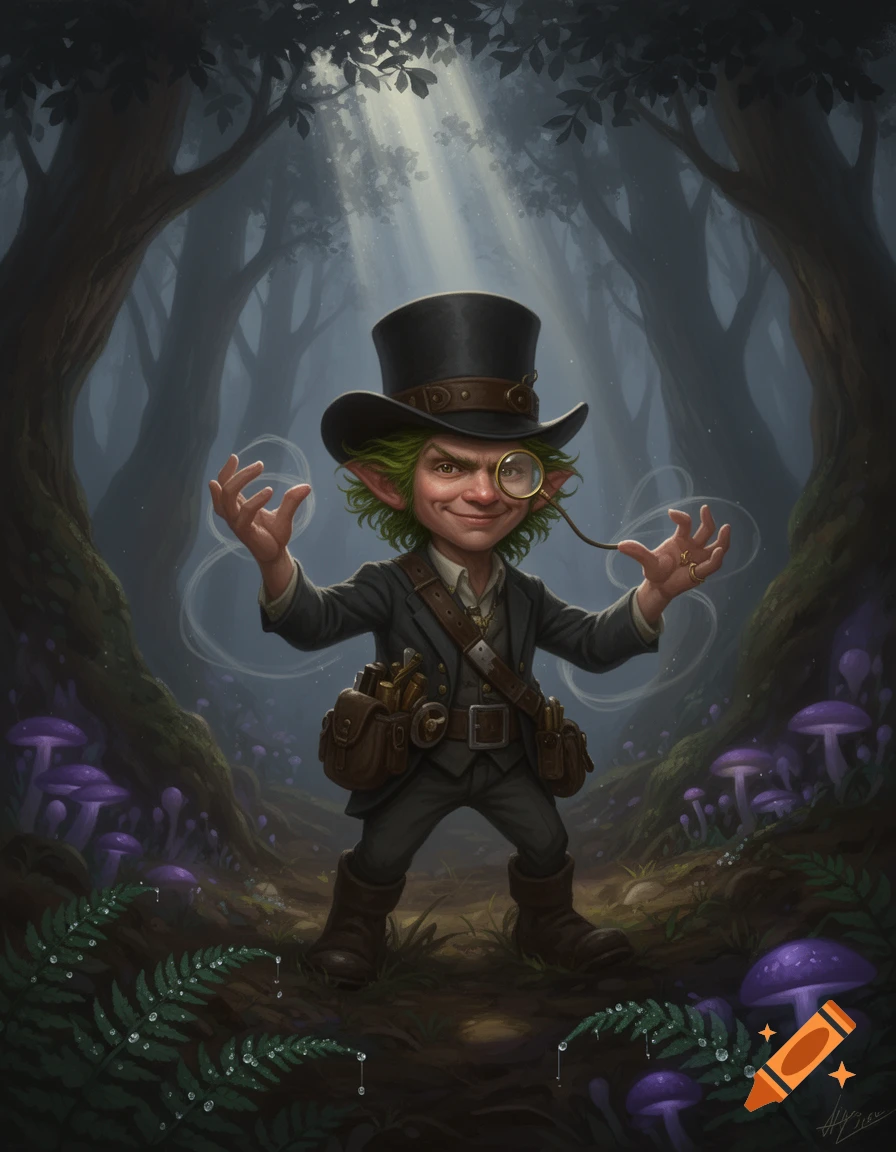 A small, green-haired forest gnome in a top hat and suit with a monocle smiles slyly, standing in a mystical forest.