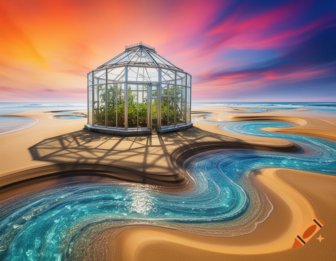 A glass greenhouse stands on a surreal, wavy beach with a winding blue river under a vibrant orange and purple sunset.