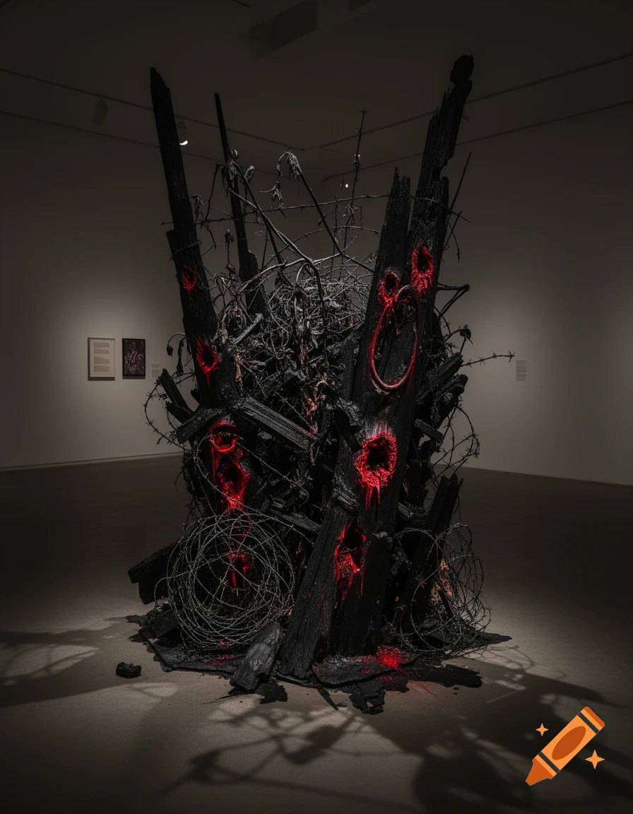 An ominous, abstract sculpture made of charred wood, barbed wire, and debris with glowing red orifices, displayed in a dimly lit art gallery.