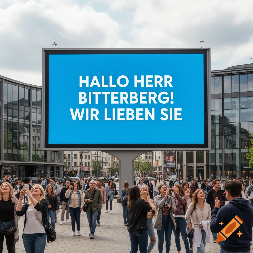 A large digital billboard in a city square displays "HALLO HERR BITTERBERG! WIR LIEBEN SIE" as a crowd looks up and takes photos.