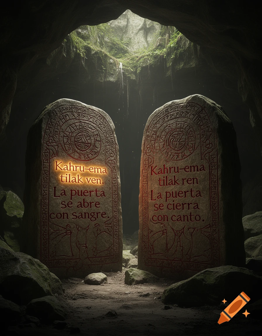 Two stone tablets in a cave, one glowing with 'La puerta se abre con sangre', the other 'La puerta se cierra con canto'.