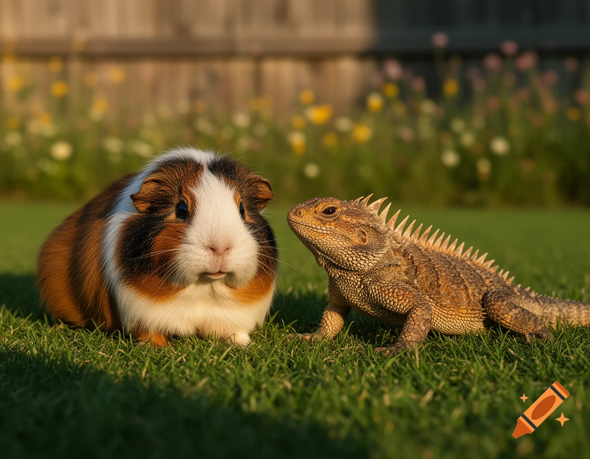 A guinea pig and a spiny lizard sit on green grass in a garden with a blurred fence and flowers in the background, photorealistic.