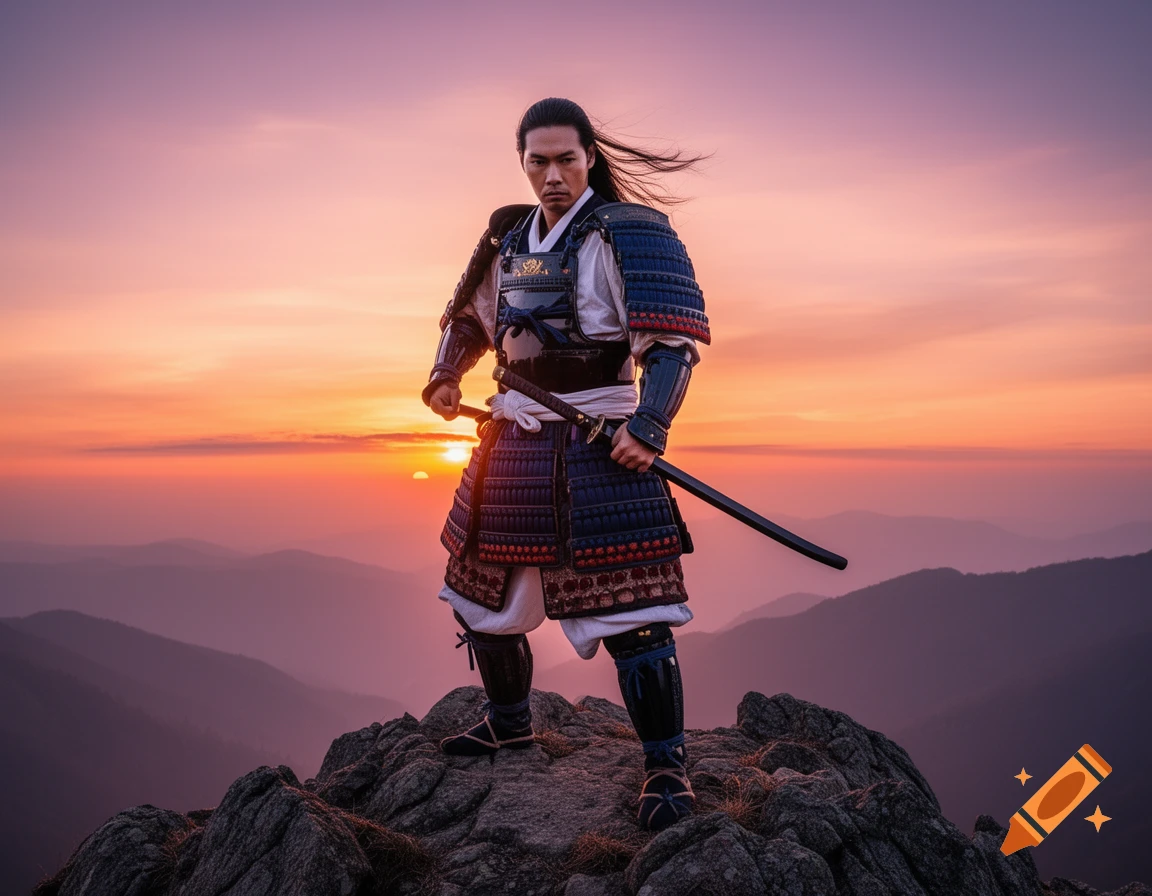 A photorealistic image of a samurai in full armor standing resolutely on a rocky mountain peak at sunset with a vibrant sky.