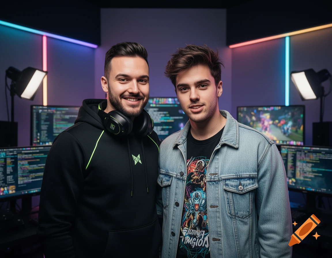 Two smiling men in a gaming studio with neon lights and multiple monitors displaying code. One wears a black hoodie and headphones, the other a denim jacket over a graphic t-shirt.