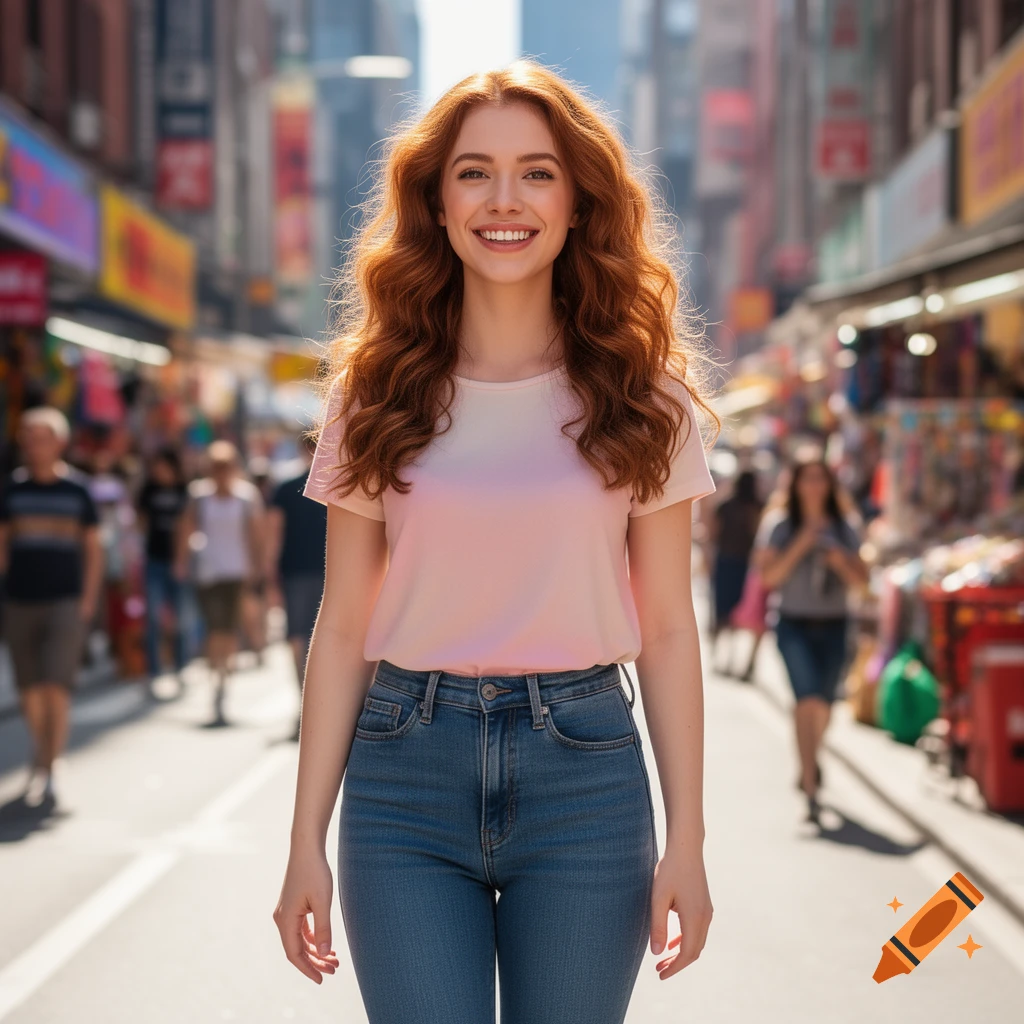 A smiling, red-haired woman walks towards the viewer on a busy, sunlit city street.