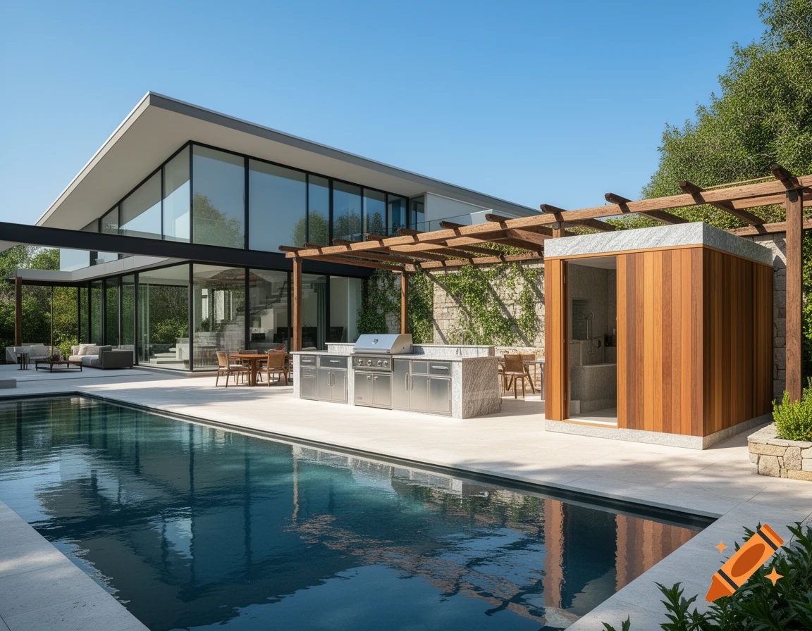 A modern house with glass walls, an outdoor pool, a stainless steel kitchen, and a wooden module, under a clear sky.
