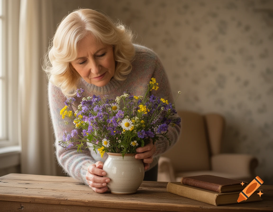 An older blonde woman gently arranging a vibrant bouquet of wildflowers in a vase on a wooden table.