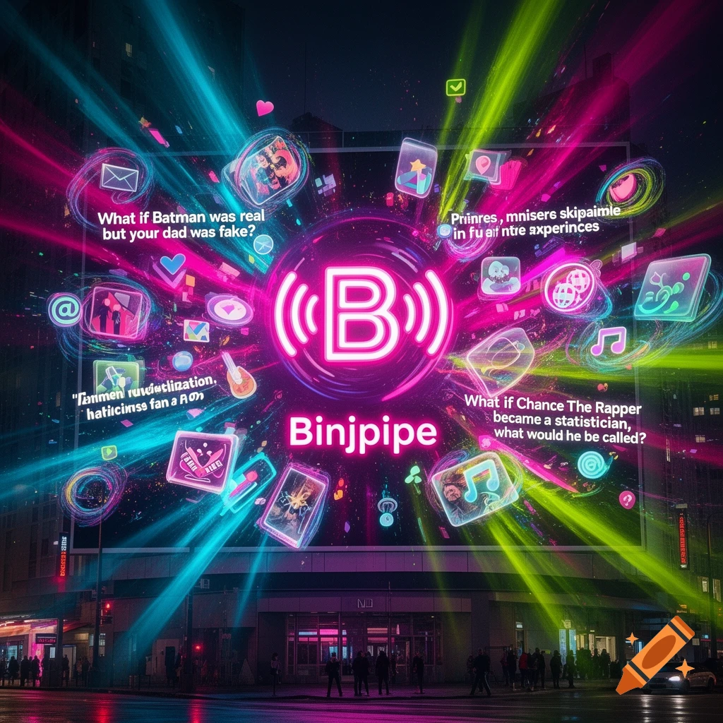 A vibrant neon pink and blue digital billboard displaying a 'Binjpipe' logo and various app icons above a city street at night, with scattered text bubbles.
