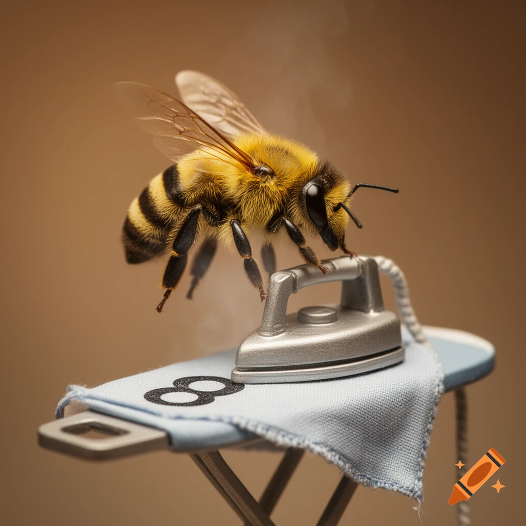 A photorealistic macro shot of a bee holding an iron on a miniature ironing board, pressing the number '8'.