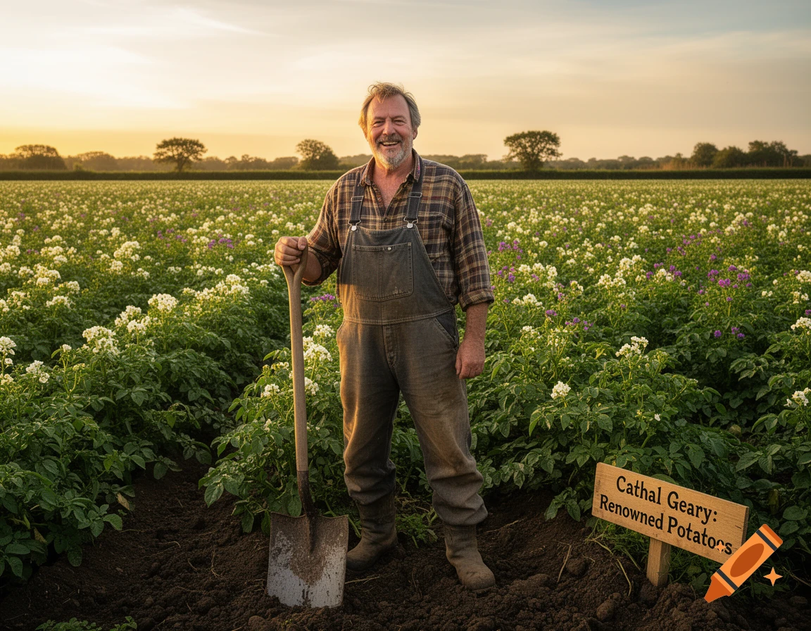 Smiling farmer in overalls with a shovel in a blooming potato field at sunset, by a 'Cathal Geary: Renowned Potatoes' sign.