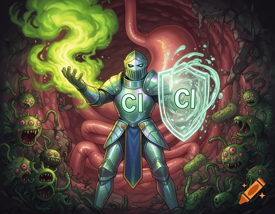 An anthropomorphic Chlorine (Cl) knight battles green bacteria monsters inside a human stomach, wielding green toxic gas and a shield marked 'Cl' in a fantasy webtoon style.