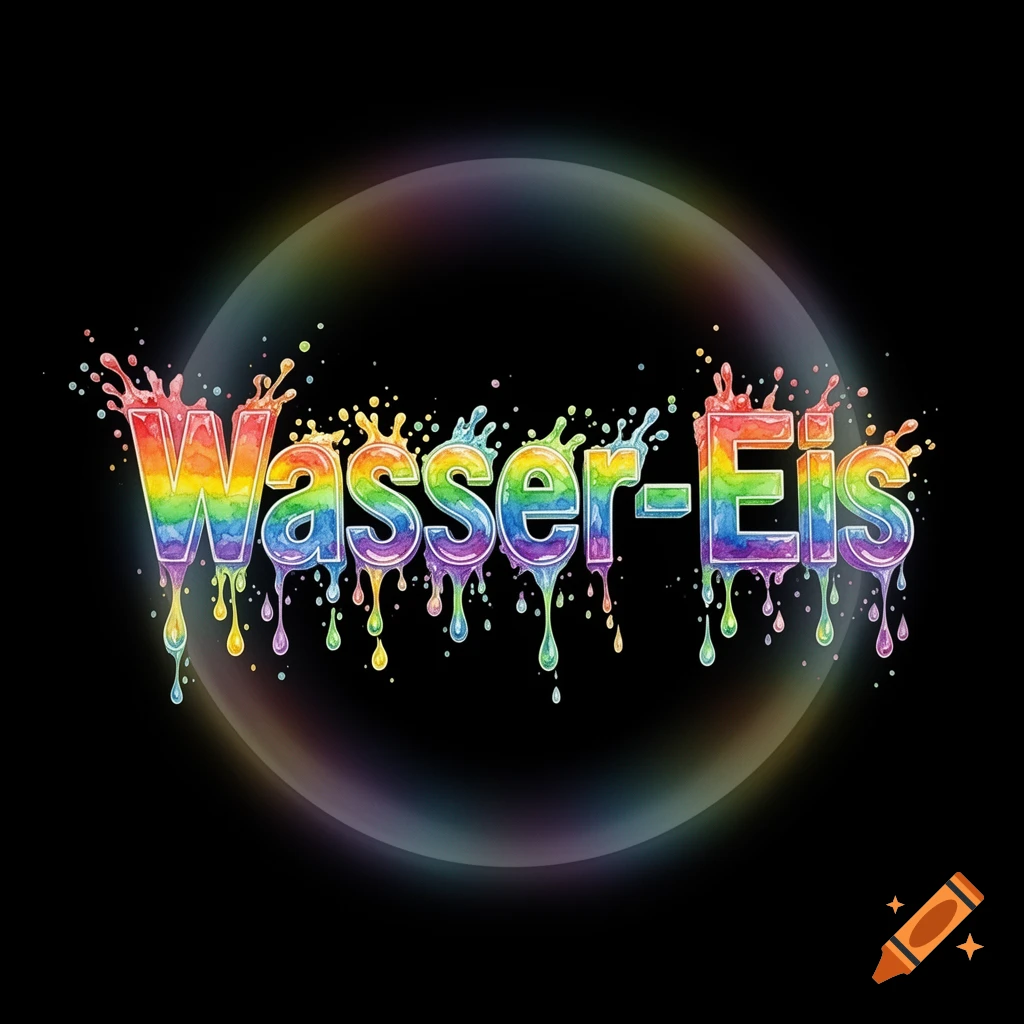 Rainbow-colored text "Wasser-Eis" with water splashes and drips on a black background, framed by a faint bubble.