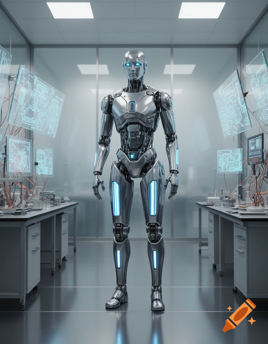 Photorealistic silver robot with glowing blue eyes and chest lights stands in a futuristic laboratory with holographic screens.