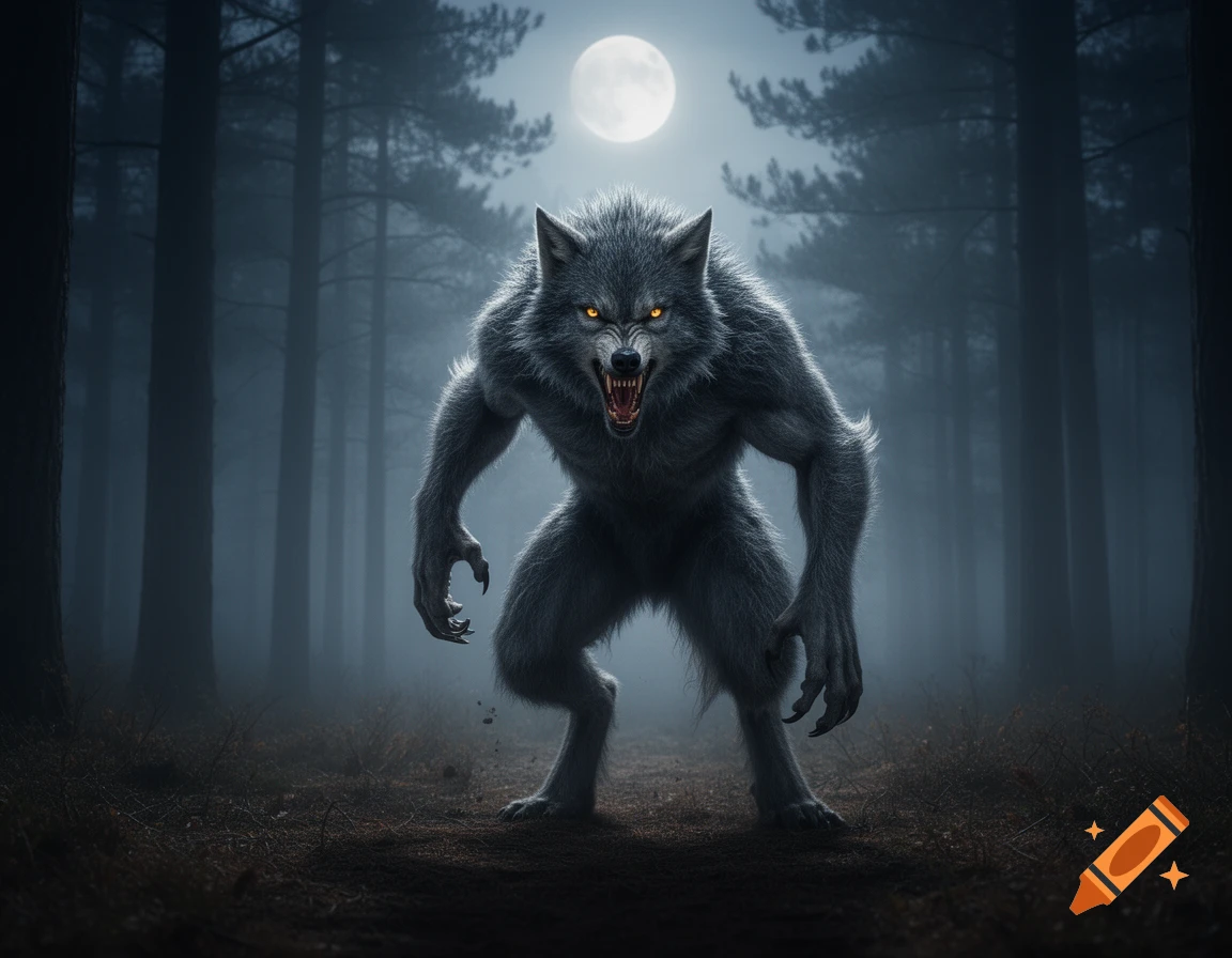 A menacing werewolf with glowing orange eyes stands in a dark, misty forest under a full moon.