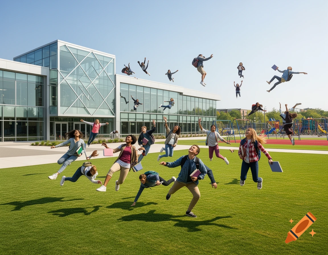Photorealistic image of many students floating and flying above a green lawn in front of a modern school building under a clear blue sky.