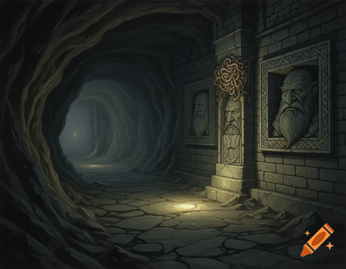 A fantasy dwarven tunnel with a brick wall featuring stone carved faces, opposite a natural cavern. The cracked path is faintly lit.