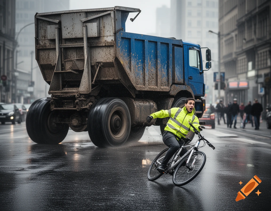A scared cyclist in a yellow jacket swerves on a wet city street to avoid a large, dirty blue dump truck on a rainy day.