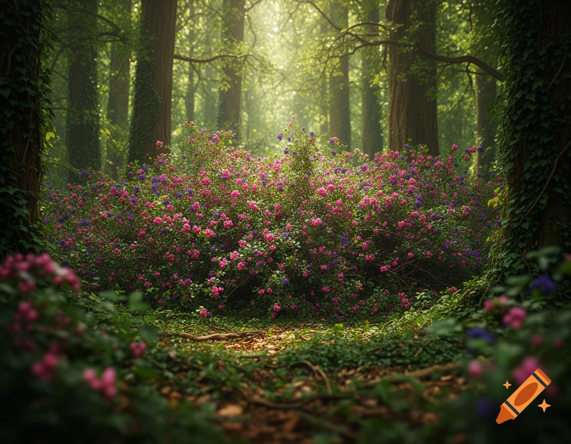 Photorealistic forest scene with a lush bush of pink and purple flowers on the forest floor, dappled sunlight filtering through tall trees.