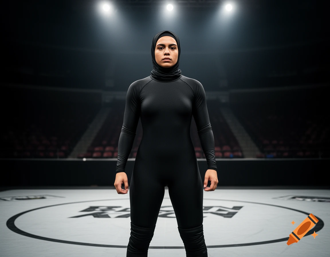 A determined female Muslim wrestler in a black full-body suit stands in a spotlight-lit arena.