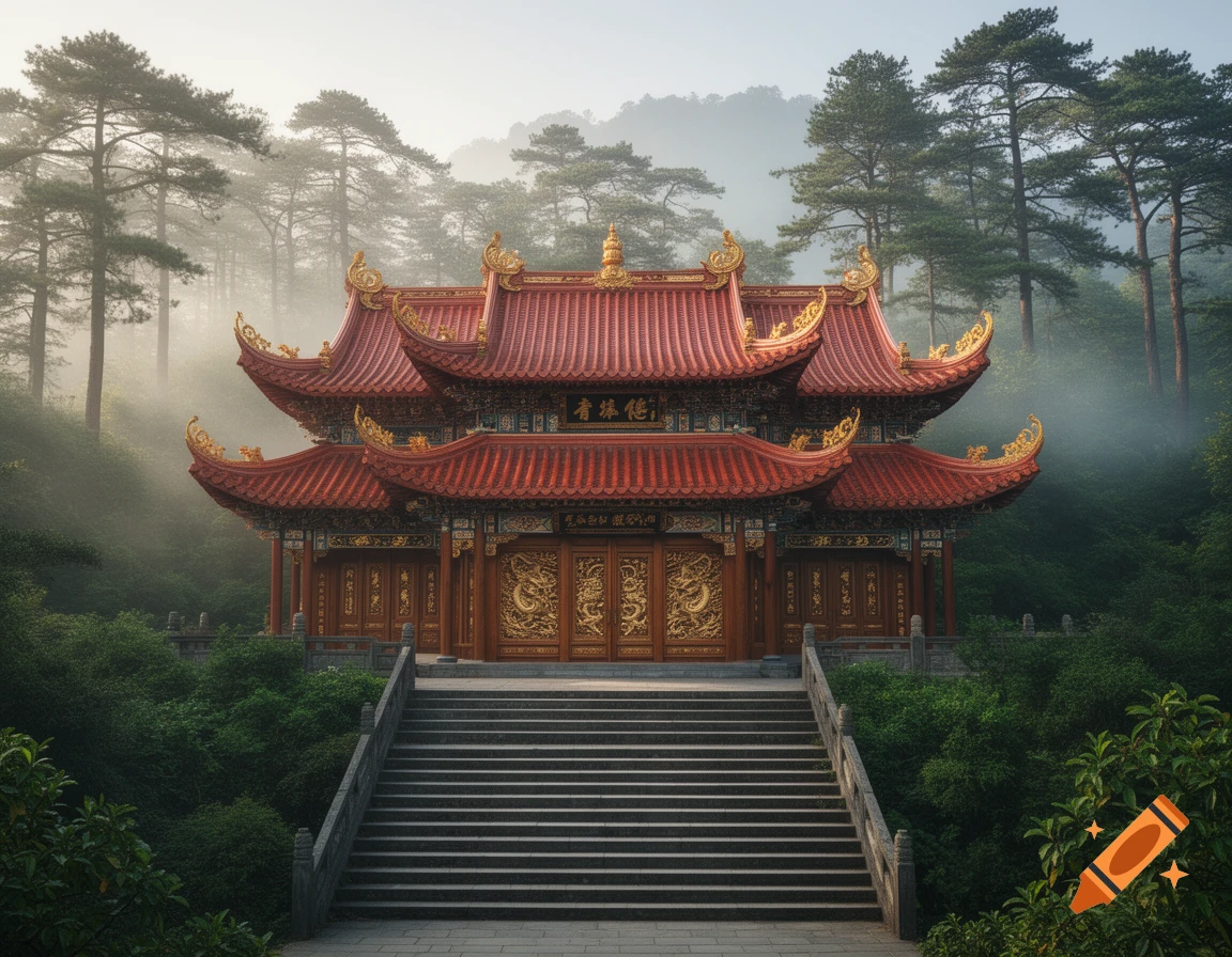 A grand red and gold Chinese temple with multiple tiered roofs stands at the top of a wide stone staircase, nestled in a misty green forest.