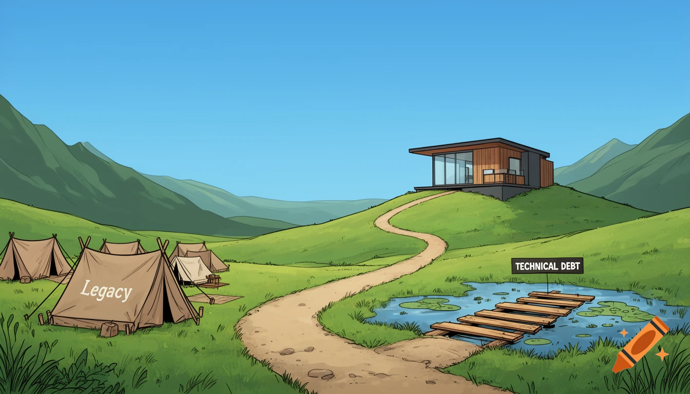 Comic-style illustration of a green valley with tents labeled Legacy, a path, a pond with Technical Debt planks, and a modern house.