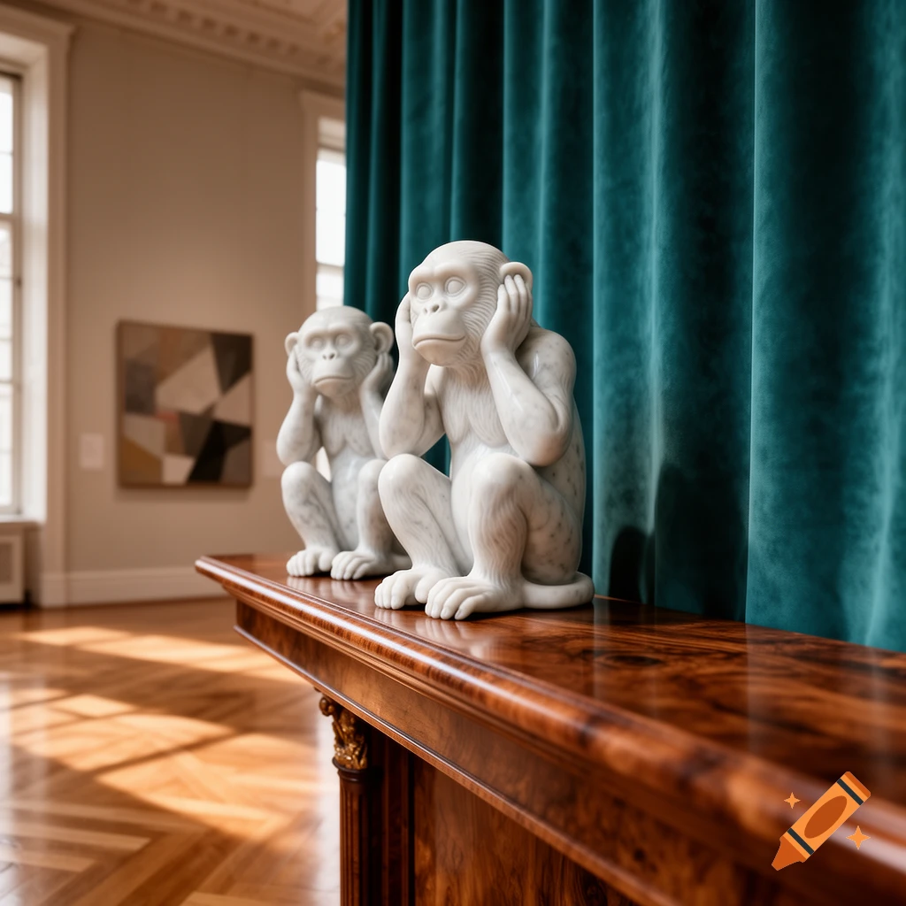 Two white marble monkey statues on a polished wooden table in a brightly lit room with a teal curtain. The front monkey covers its ears.