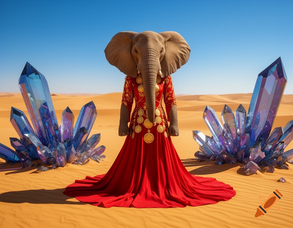 An elephant-headed creature in a long red and gold dress stands in a sandy desert with large blue and purple crystals.