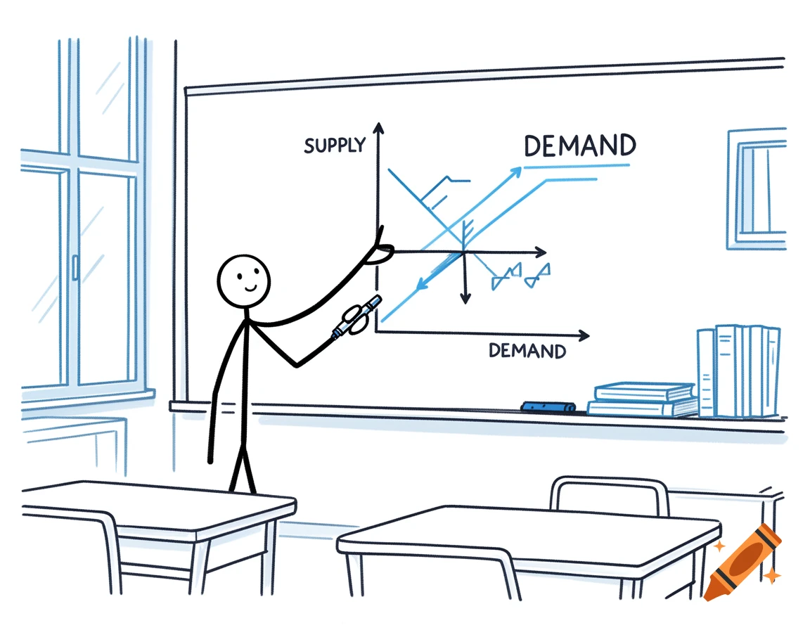 A stick figure teacher explains a supply and demand graph on a whiteboard in a doodle-style classroom.