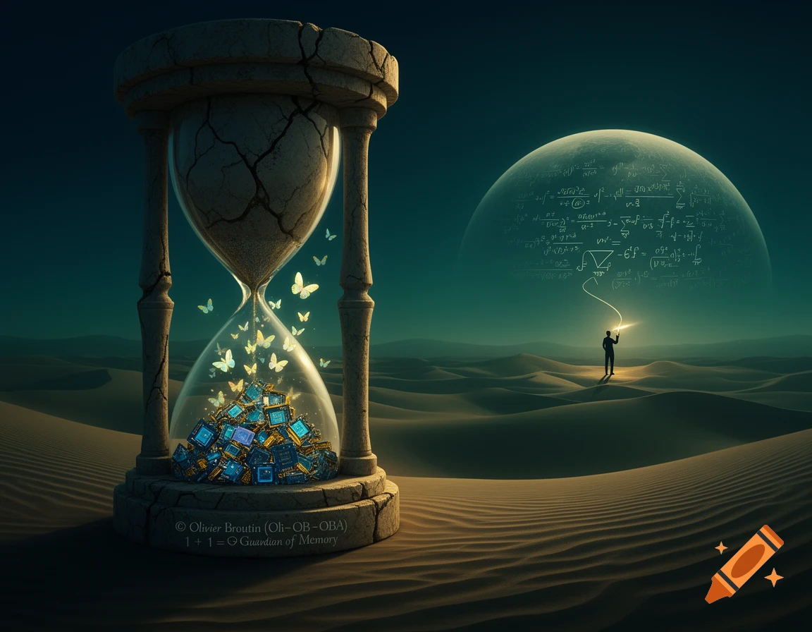 A surreal hourglass with memory chips and glowing butterflies, a silhouette writing equations in a desert at night.