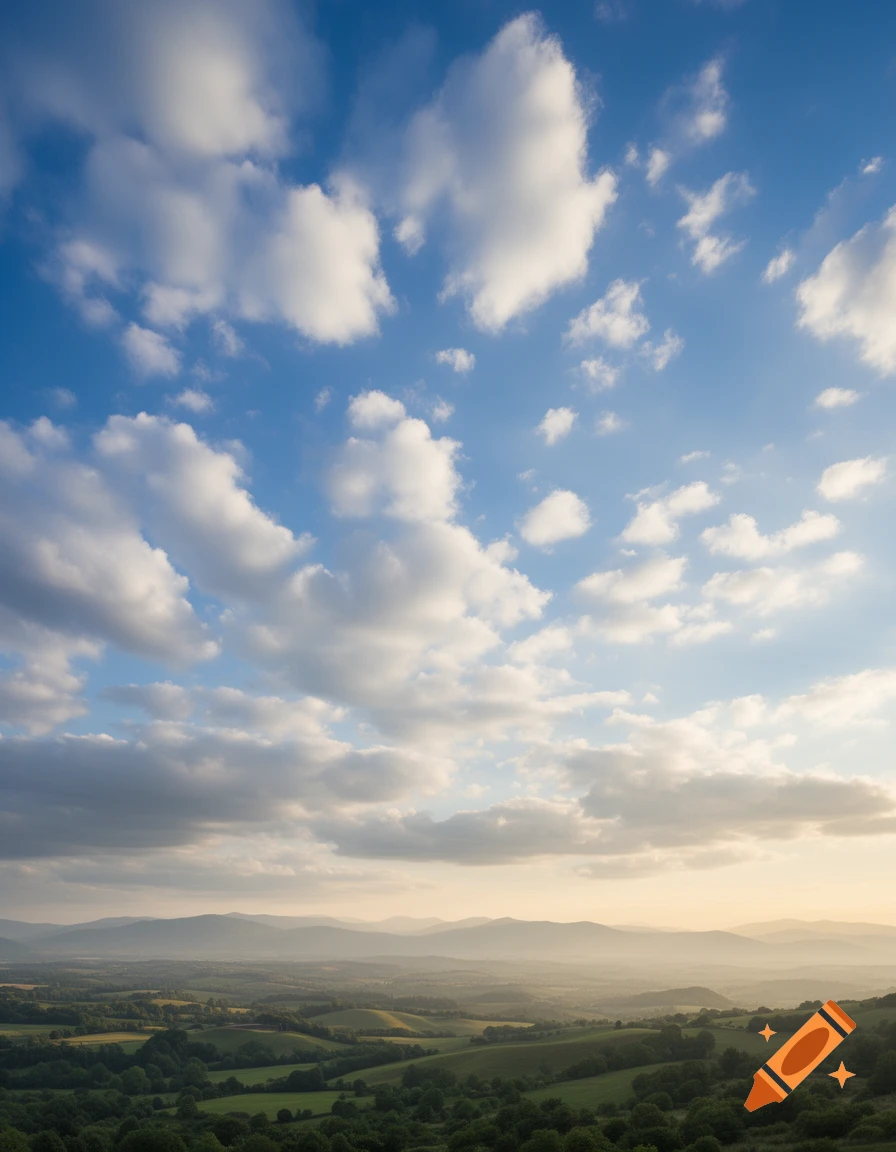 Panoramic view of rolling green hills and distant mountains under a blue sky with fluffy white clouds, bathed in warm light.