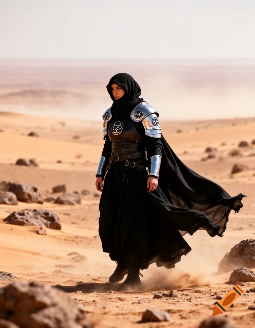 A black-clad figure with metal pauldrons and a head covering stands in a vast, sandy desert, looking into the distance.