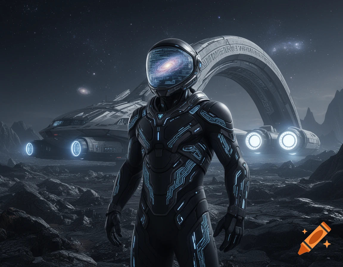A futuristic astronaut in a black and blue suit stands on a rocky alien planet, with a large spaceship and arch behind them under a starry sky.