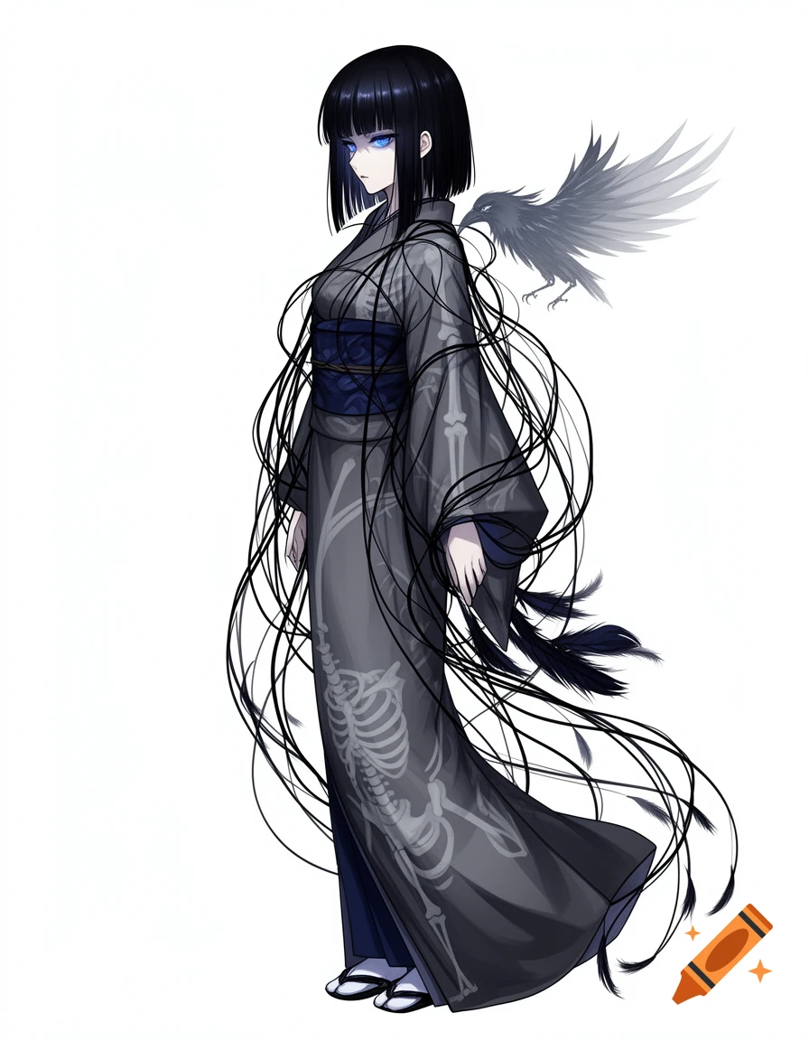 Anime-style girl with short black hair, blue eyes, wearing a gray kimono with skeleton patterns and wispy strands, with a dark crow on her shoulder.
