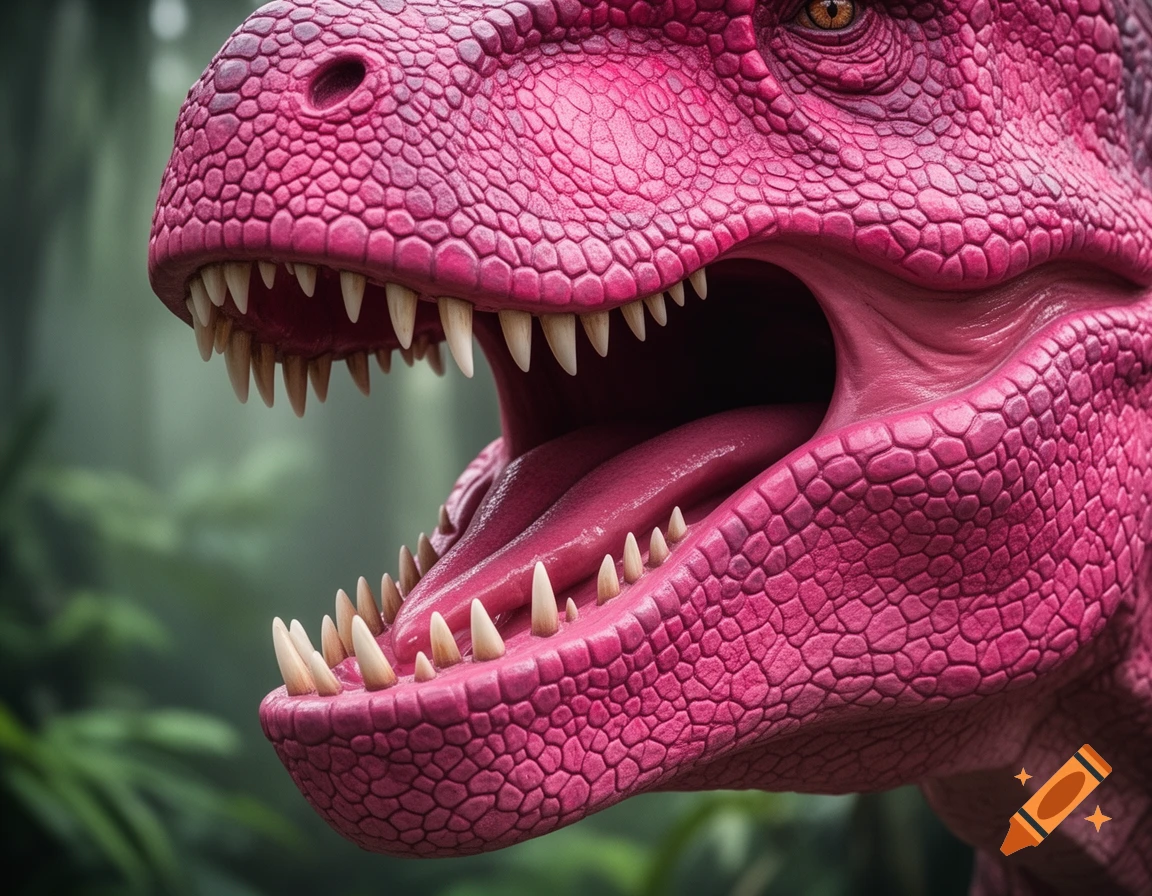 A close-up, photorealistic shot of a vibrant pink dinosaur's open mouth, showing sharp teeth and a textured tongue.