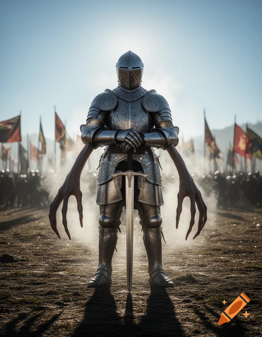 A knight in ornate armor stands on a dusty battlefield, holding a large sword, with unnaturally long, claw-like fingers.