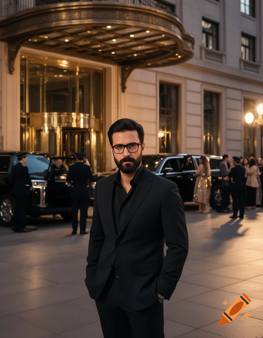 A man with a beard and glasses in a black suit stands in front of a luxury hotel, with cars and people in the background, photorealistic.