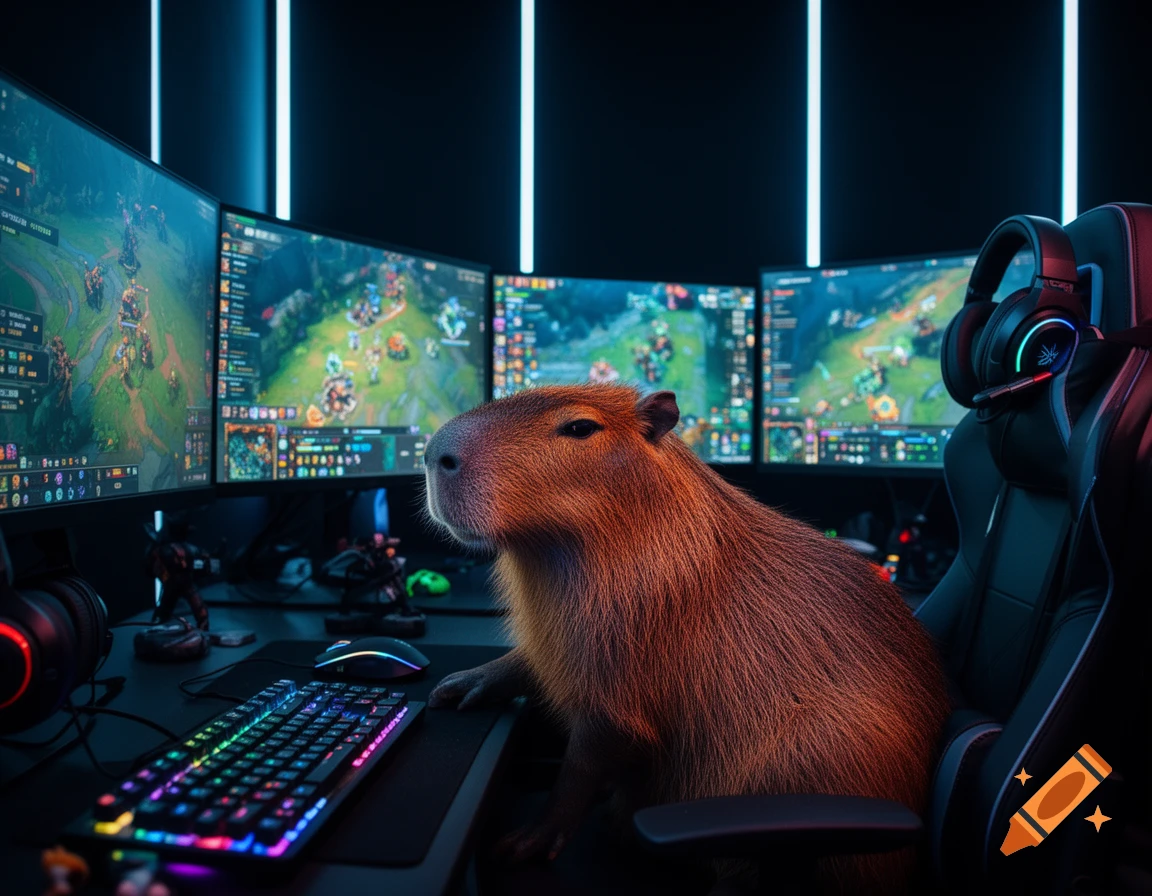 A capybara sits in a gaming chair at a multi-screen computer setup with a vibrant, neon 'techo' aesthetic.