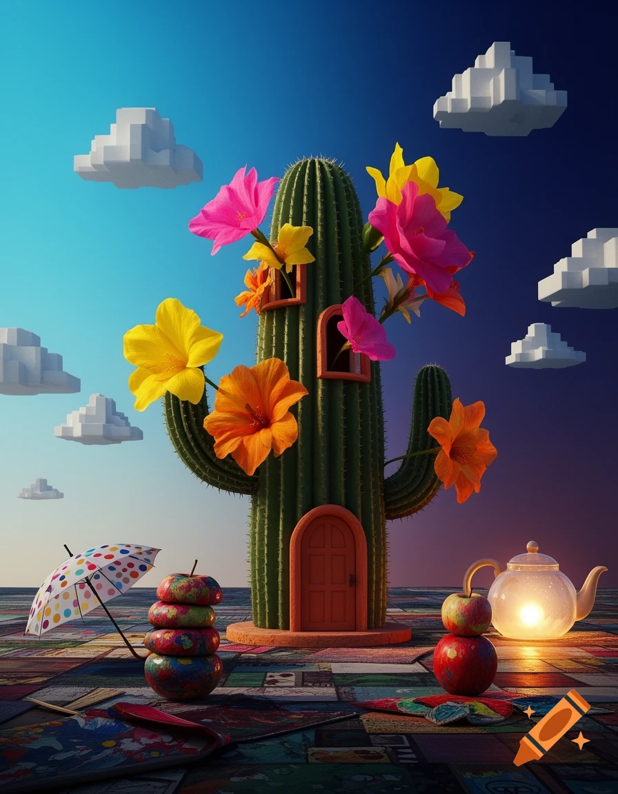 A whimsical cactus house adorned with colorful flowers under pixelated clouds, next to a polka-dot umbrella, stacked rings, and a glowing teapot on a patchwork ground.